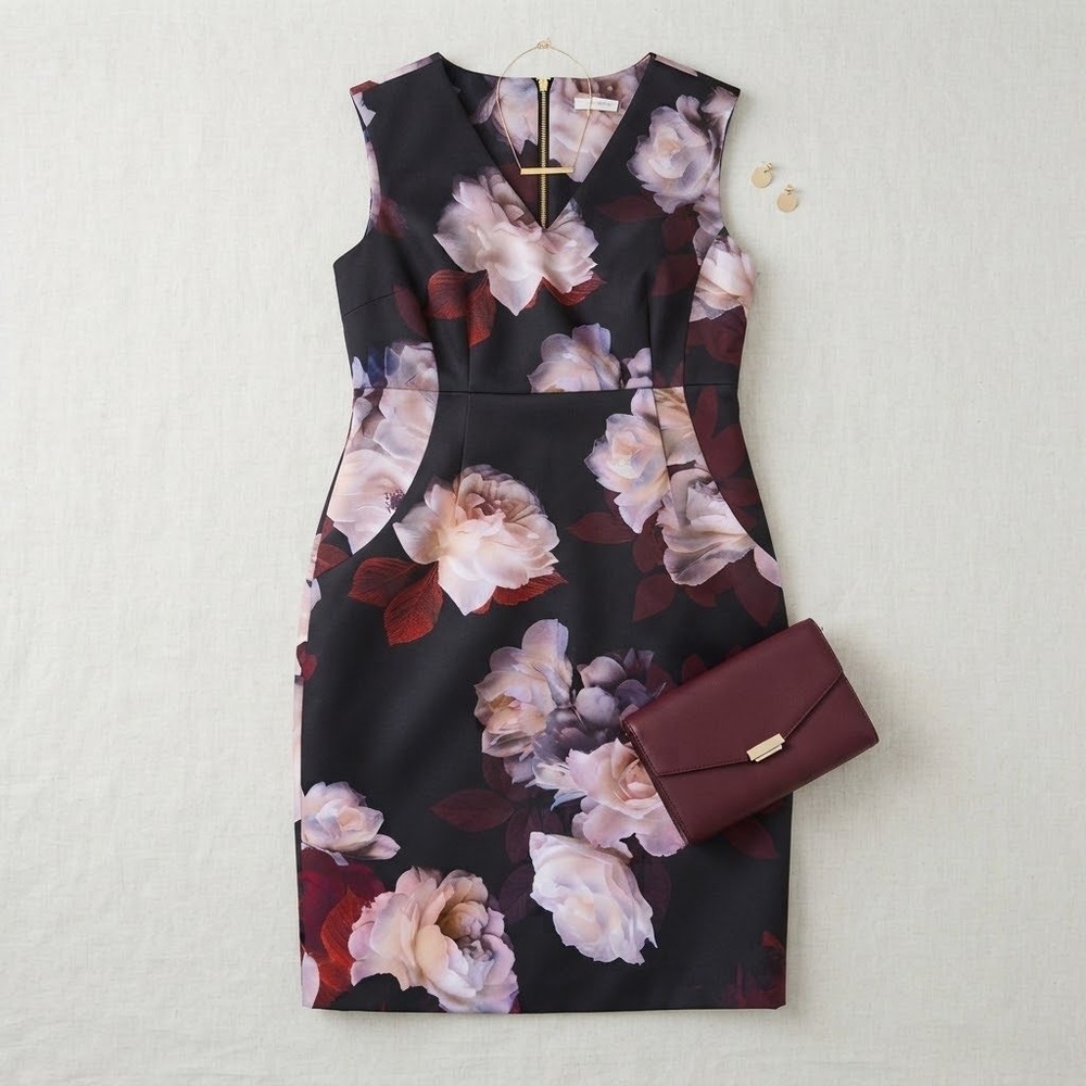 Calvin Klein Sheath Dress Womens 12 Black Floral Scuba V-Neck Cocktail Wedding